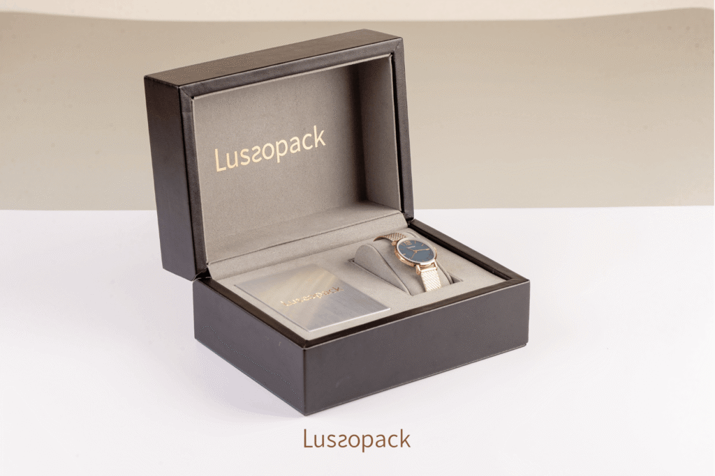 Luxury watch box design with protective padded interior, secure watch cushion and rigid outer structure for safe storage