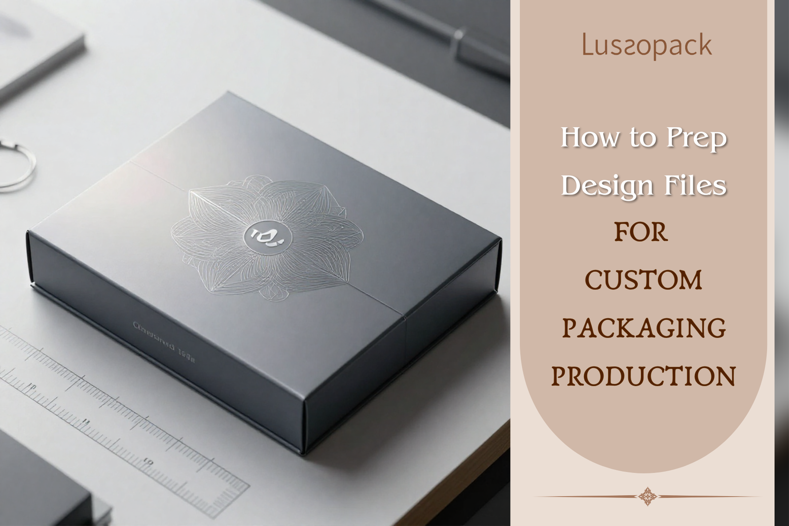 Luxury custom packaging box with embossed logo on a minimalist workspace, showcasing premium packaging design